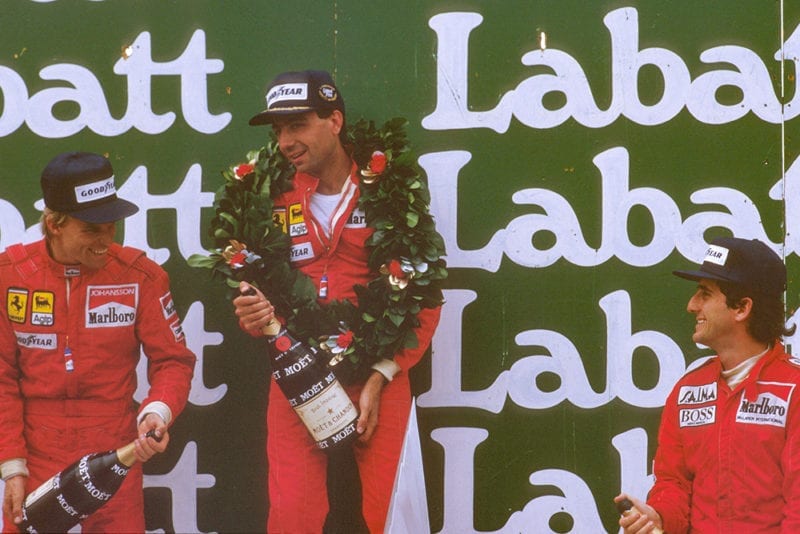 Michele Alboreto, 1st position, Stefan Johansson, 2nd position and Alain Prost, 3rd position, on the podium.