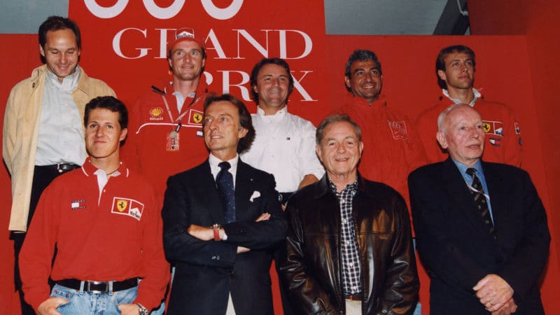 Ferrari team principal Luca di Montezemolo with current and ex-drivers Michael Schumacher, Eddie Irvine, Gerhard Berger, Rene Arnoux, Phil Hill, Michele Alboreto, John Surtees and Luca Badoer at the Monza party celebrating Ferrari´s 600th. Grand Prix in 1998. Photo: Grand Prix Photo