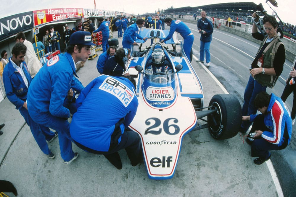 Jacques Laffite in a Ligier JS11/15 in the pits.