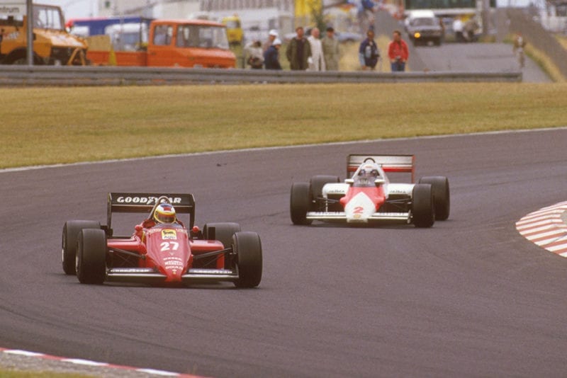 Michele Alboreto (Ferrari 156/85) leads Alain Prost (McLaren MP4/2B TAG Porsche).