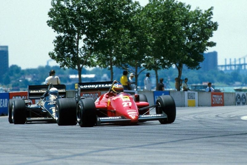 Michele Alboreto (Ferrari 156/85) is chased by Elio de Angelis (Lotus Renault 97T). US Grand Prix, Detroit, 23 June 1985
