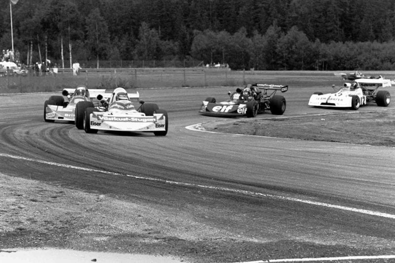 David Purley follows the leading pack of Ronnie Peterson, Carlos Jarque, Patrick Depailler at Anderstop F2 Sweden 1974