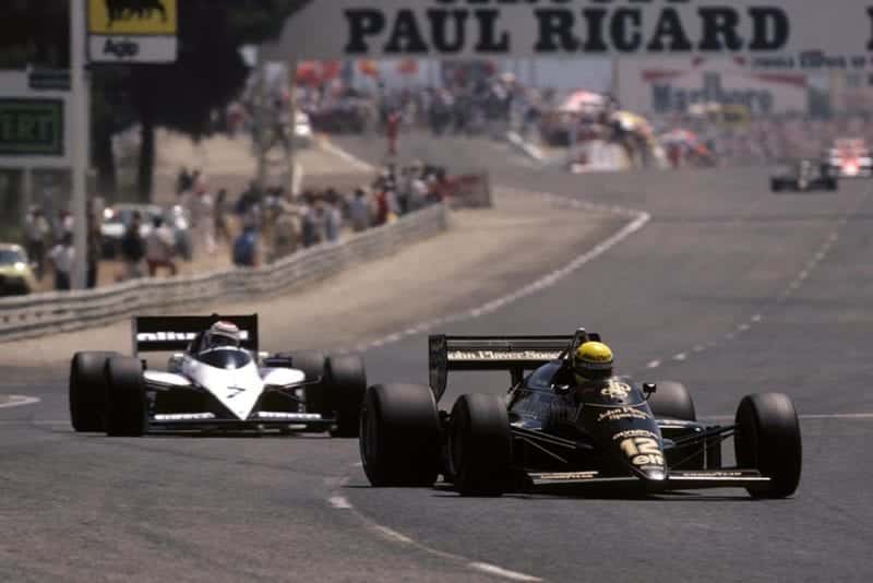 Ayrton Senna (Lotus 97T) leads race winner Nelson Piquet (Brabham BT54).