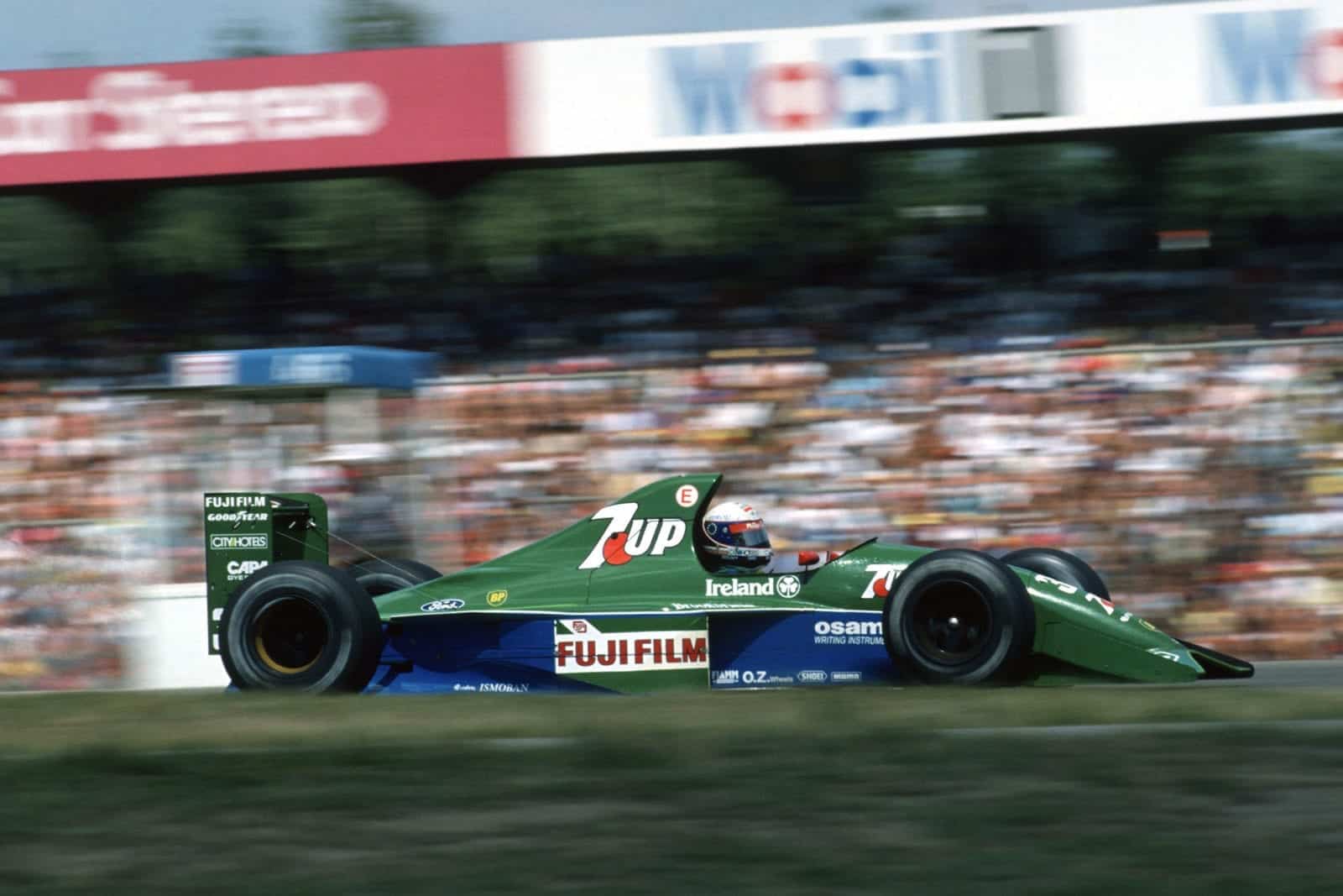 Bertrand Gachot (Jordan-Ford) in the 1991 German Grand Prix at Hockenheim