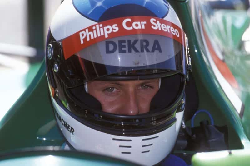 Michael Schumacher in his Jordan-Ford before the start of the 1991 Belgian Grand Prix at Spa-Francorchamps. Photo: Grand Prix Photo