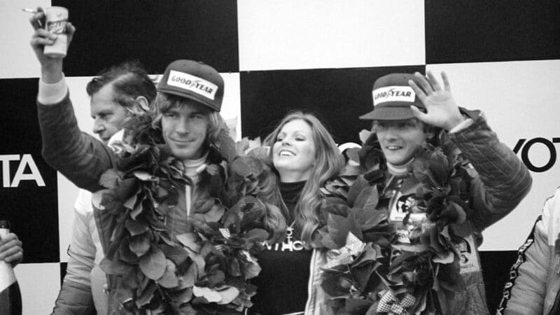 James Hunt and Niki Lauda on the podium at 1977 United States Grand Prix