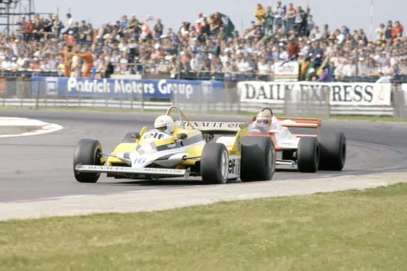 Rene Arnoux (Renault RE30) leads John Watson (McLaren MP4/1-Ford Cosworth).