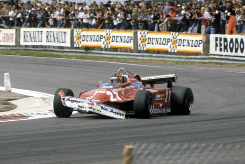 Gilles Villeneuve retired with a damaged Ferrari 126CK.