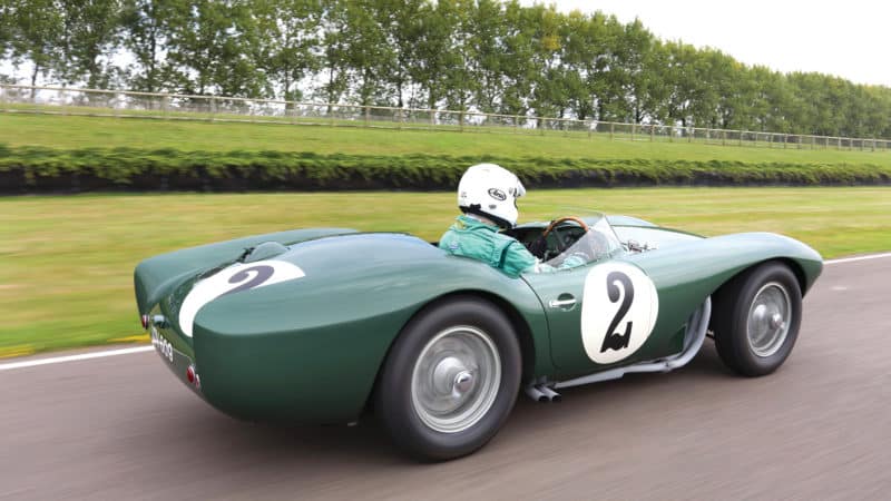 Rear view of Aston MArtin DB3S on track at Goodwood