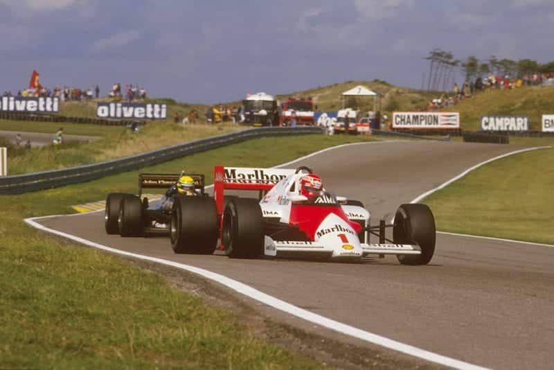 Niki Lauda (McLaren MP4/2B TAG Porsche) 1st position, with Ayrton Senna behind.