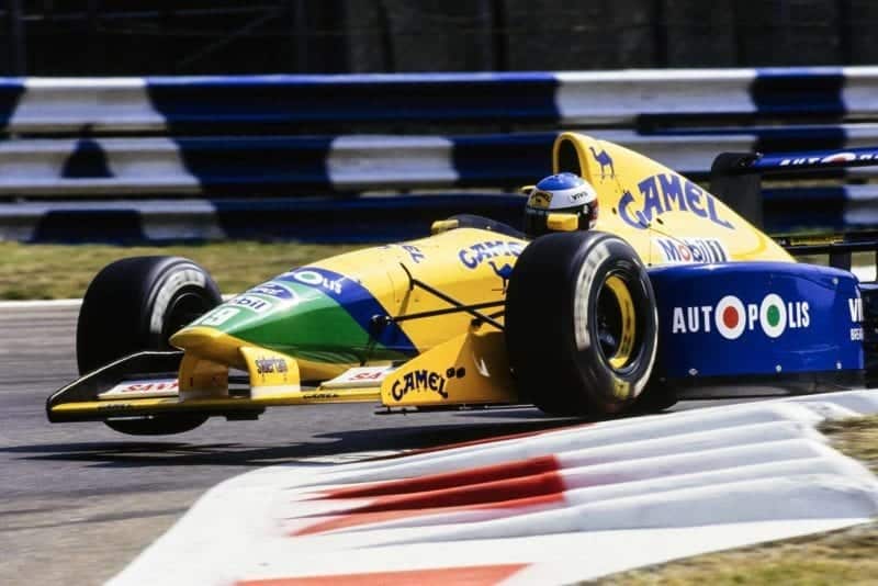 Michael Schumacher flies over chicane in his Benetton at the 1991 Italian Grand Prix