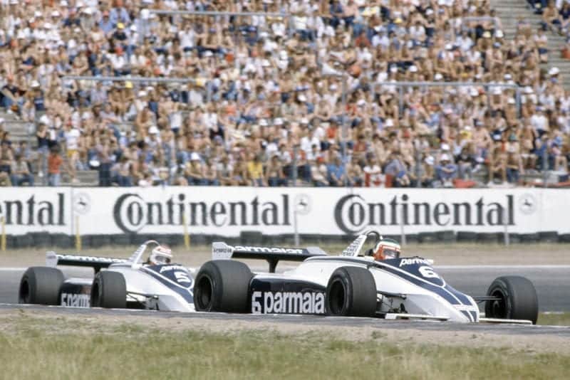 Hector Rebaque leads Nelson Piquet (both Brabham BT49C-Ford Cosworth). They finished in 4th and 1st positions respectively.