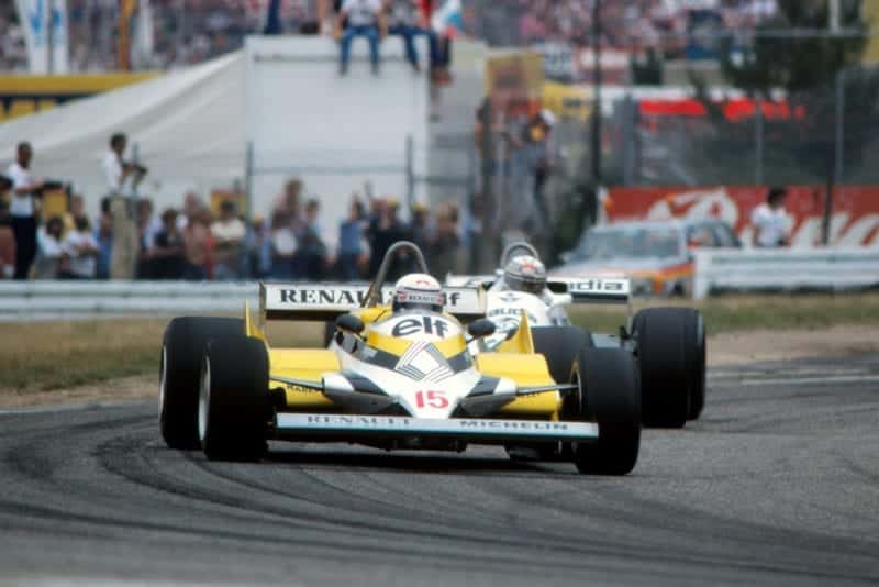 Alain Prost(Renault RE30) leads Alan Jones (Williams FW07C).