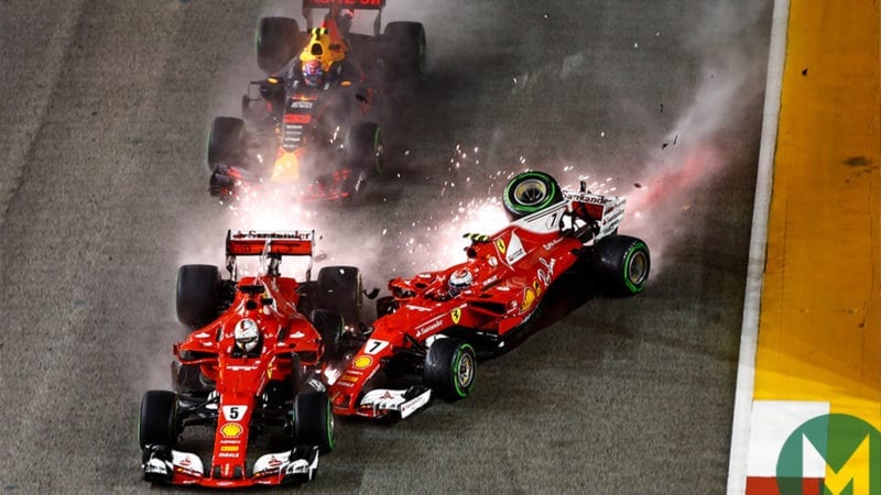 Sebastian Vettel, Kimi Raikkonen and Max Verstappen collide at the 2017 Singapore Grand Prix