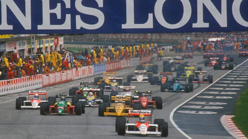 Ayrton Senna leads at the start of the 1988 San Marino Grand Prix