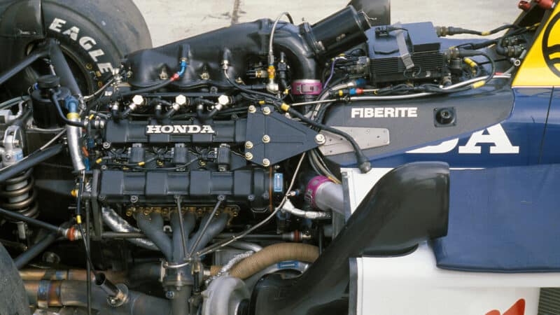 Turbocharged Honda engine in Williams FW11B F1 car at the 1987 Brazilian Grand Prix