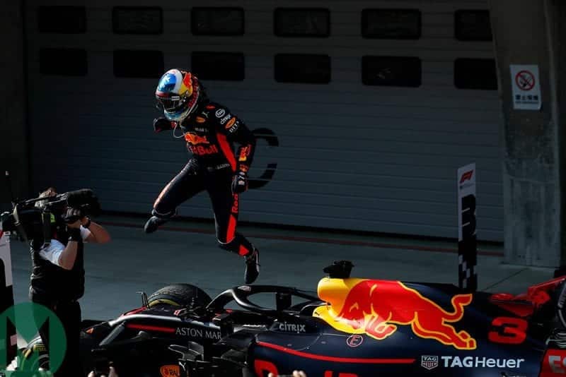 Daniel Ricciardo celebrates winning the Formula 1 Chinese Grand Prix