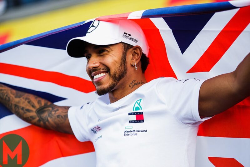 Hamilton celebrates with a union Jack
