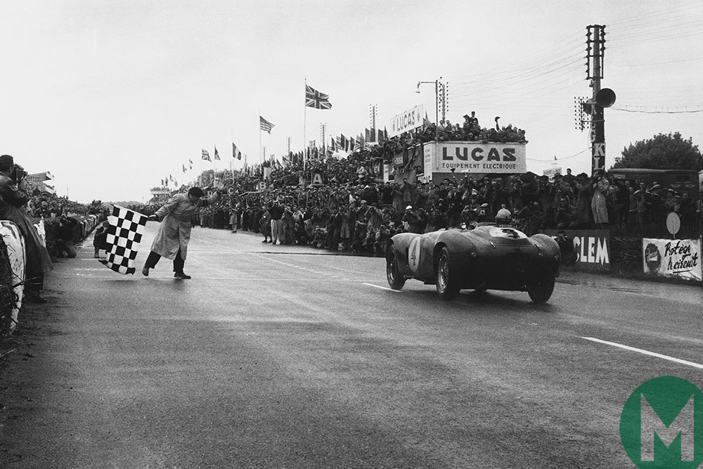 Trintignant and Gonzalez's Ferrari 375 Plus crosses the line to win 1954's Le Mans 24 Hour race