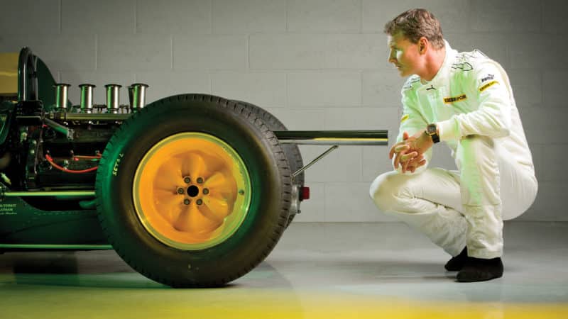 4 David Coulthard driving Jim Clark's Lotus 25 at Silverstone