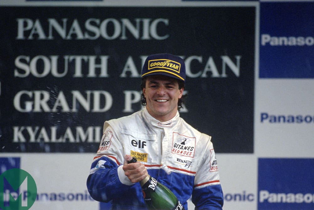Mark Blundell celebrates third place in the 1993 South African Grand Prix