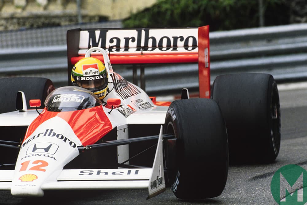 Ayrton Senna in the McLaren MP4/4 in the 1988 Monaco Grand Prix
