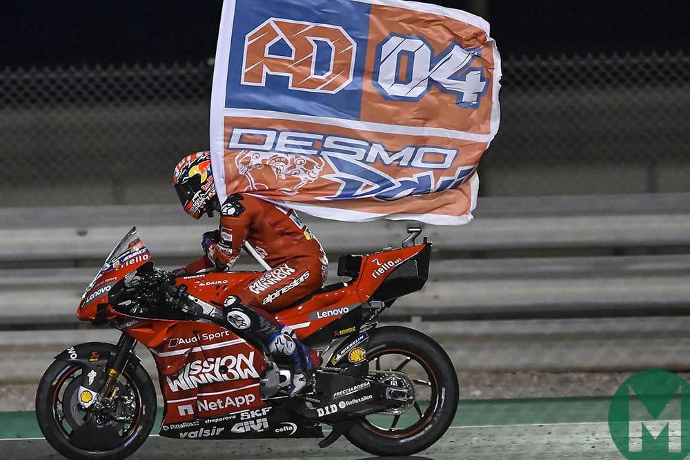 Ducati's Andrea Dovizioso celebrates victory in the 2019 Qatar Grand Prix