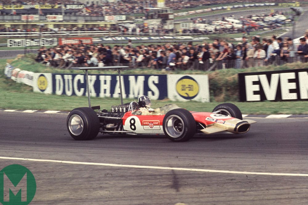 Graham Hill in the 1968 British Grand Prix - with a Union flag rather than a Sailor Boy