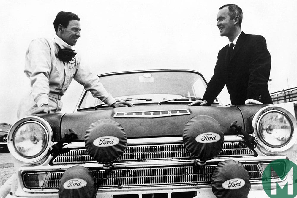 Jim Clark and his co-driver Brian Melia prepare for the 1966 RAC Rally with their works Lotus Cortina