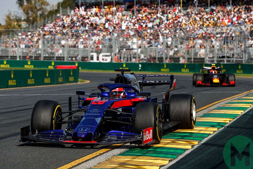Daniil Kvyat in the Toro Rosso leads Pierre Galsy in the Red Bull in the 2019 Australian GP
