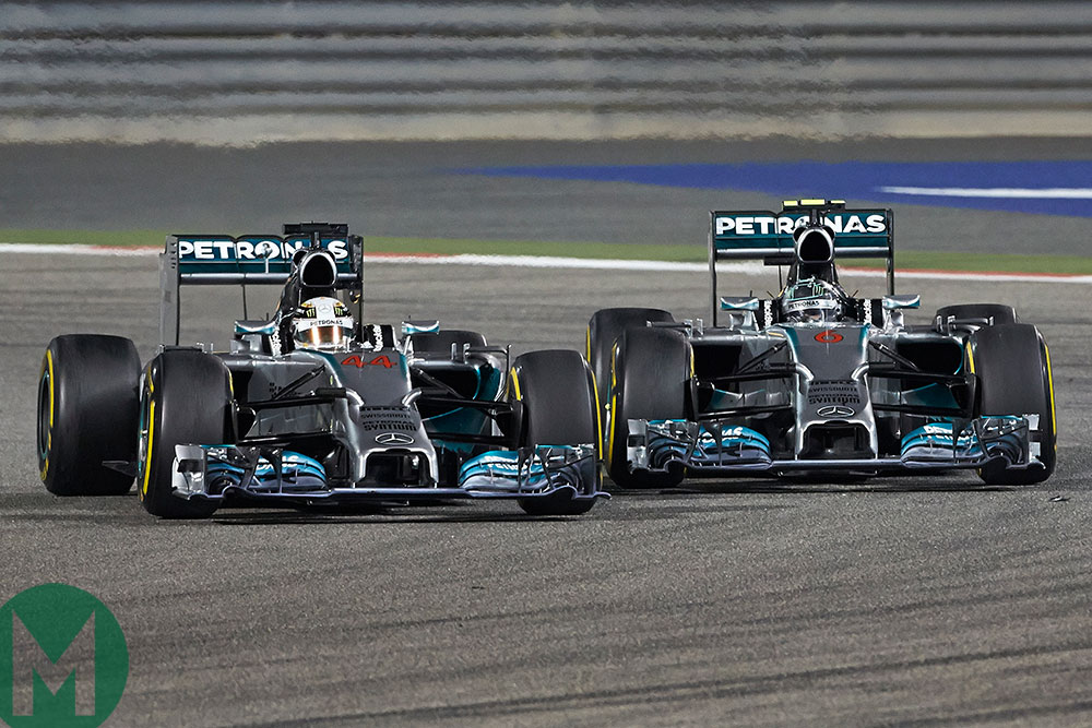Lewis Hamilton and Mercedes team-mate Nico Rosberg side by side in the 2014 Bahrain Grand Prix
