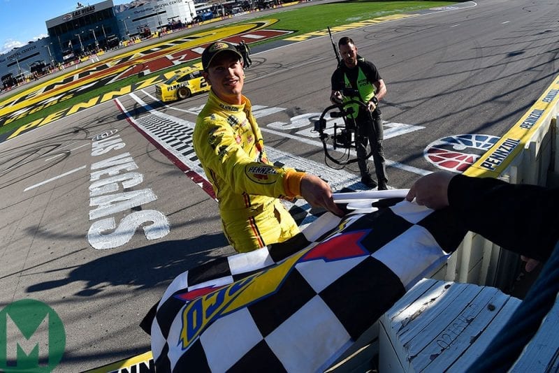 Joey Logano celebrates victory for Penske in Las Vegas in the Ford Mustang