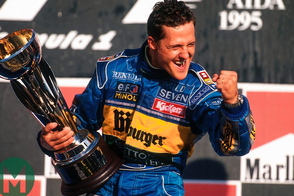 Michael Schumacher celebrates second world championship, 1995, Aida