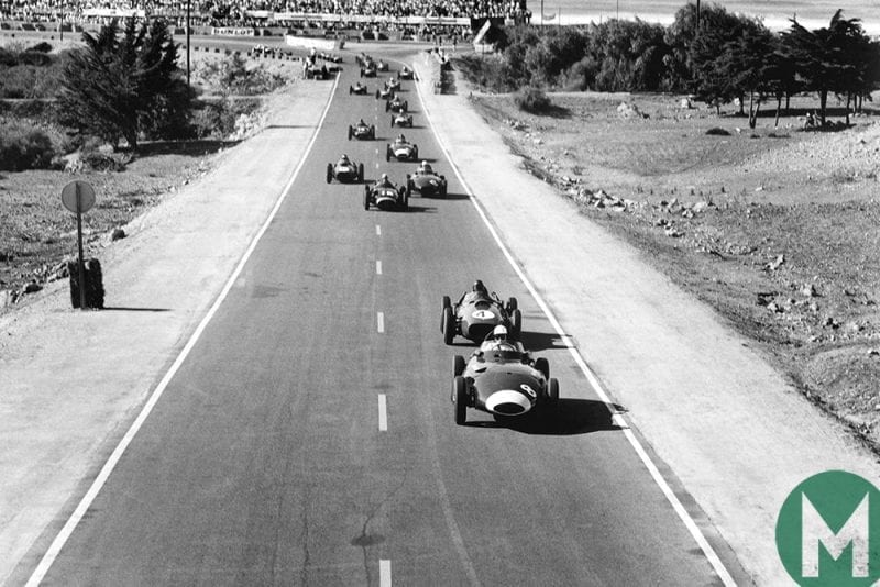 Stirling Moss leads Phill Hill at the start of the 1958 Moroccan Grand Prix