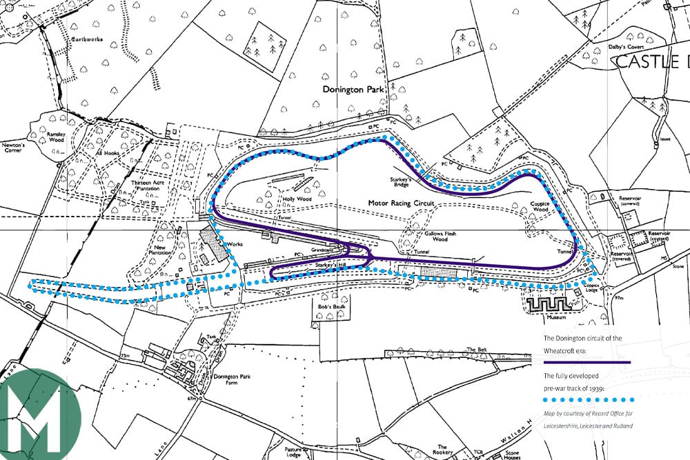 Present day Donington Park track map and pre-war track, dotted