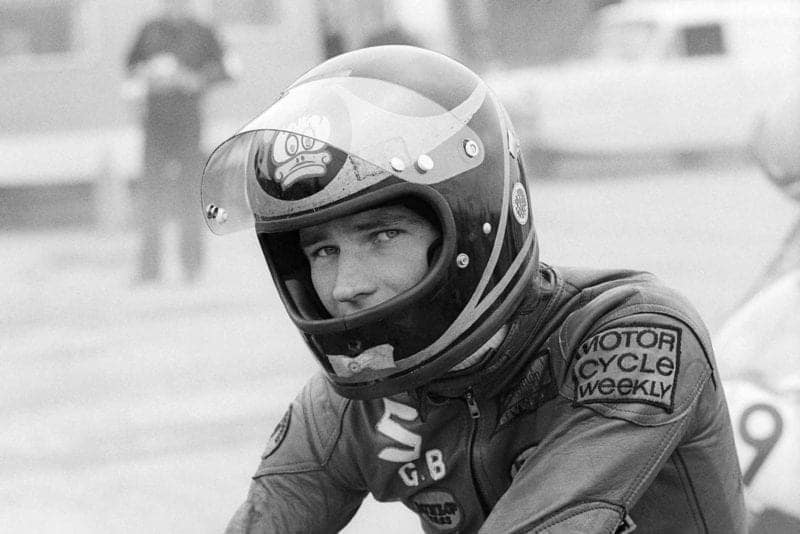 Barry Sheene (GBR) Suzuki, prepares to start Silverstone, England, Summer 1973.
