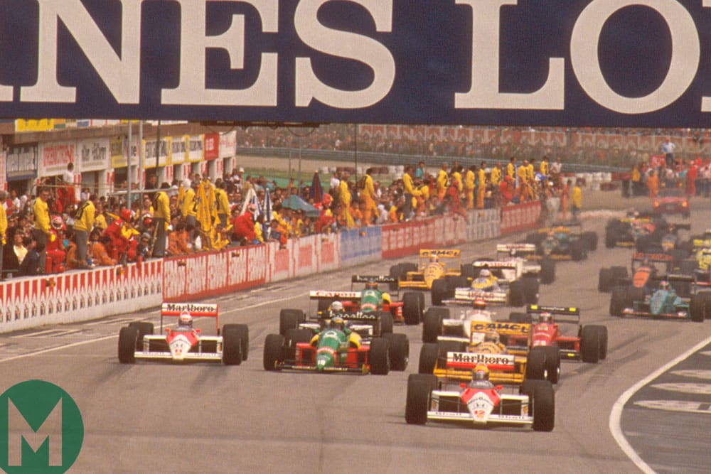 Ayrton Senna leads at the start of the 1988 San Marino Grand Prix