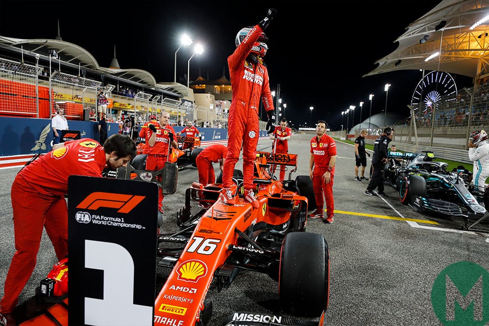 Charles Leclerc celebrates pole position 2019 Bahrain