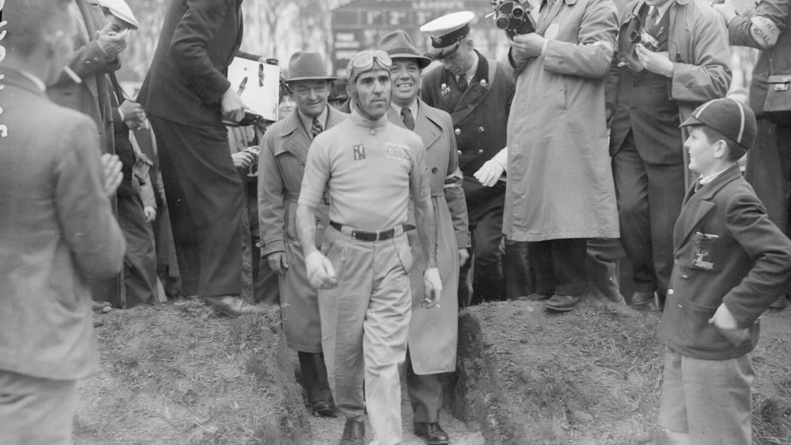 Tazio Nuvolari (1892 - 1953) also know as The Great Little Man at Donington for the International Grand Prix.