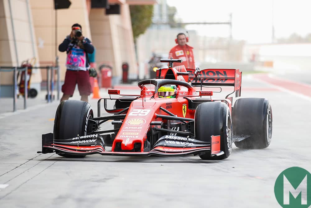 Mick Schumacher in a Ferrari in 2019's Bahrain F1 test