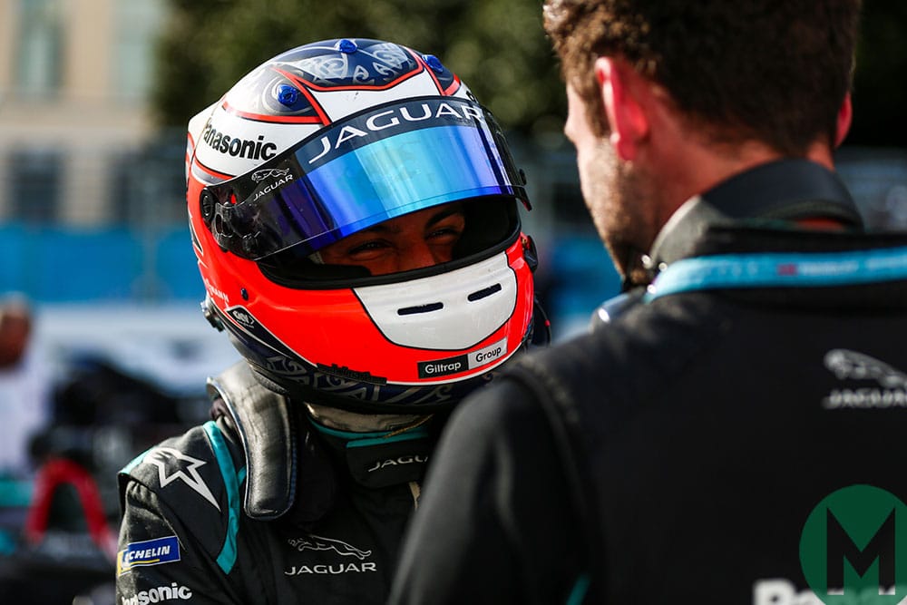 Mitch Evans celebrates after his and winning Jaguar's first Formula E race