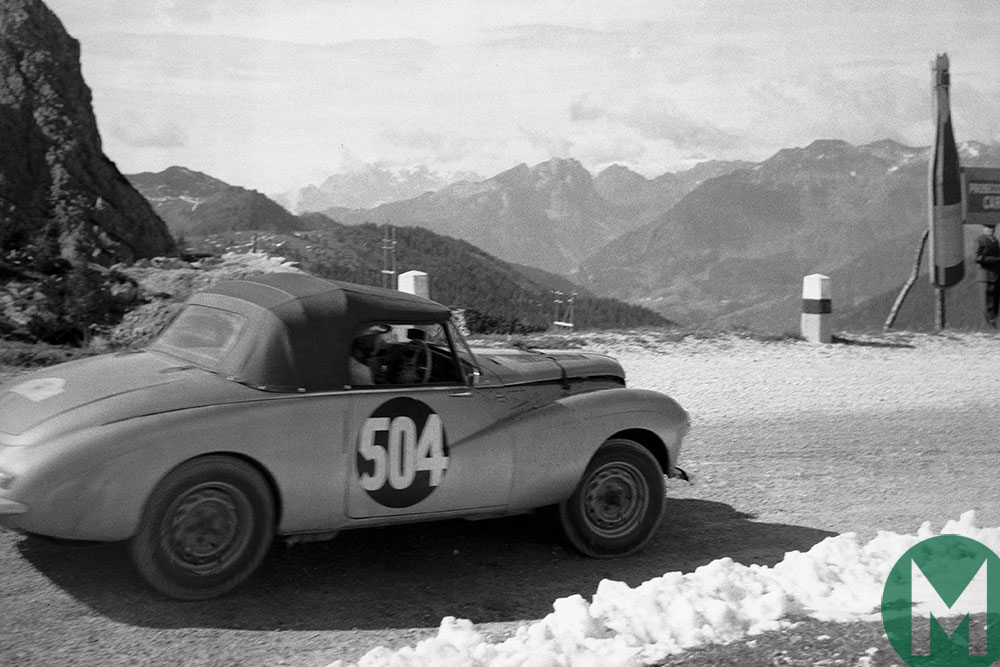 Peter Collins in a Sunbeam Alpine in the 1954 Alpine Rally