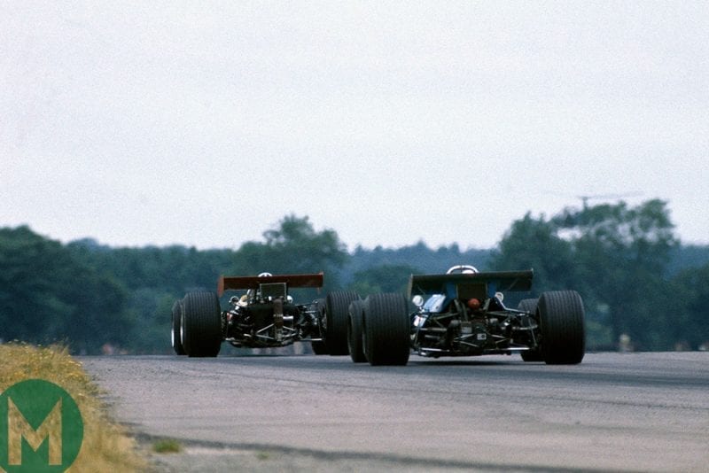 Jackie Stewart (Tyrrell - Matra) chases after the Lotus of Jochen Rindt