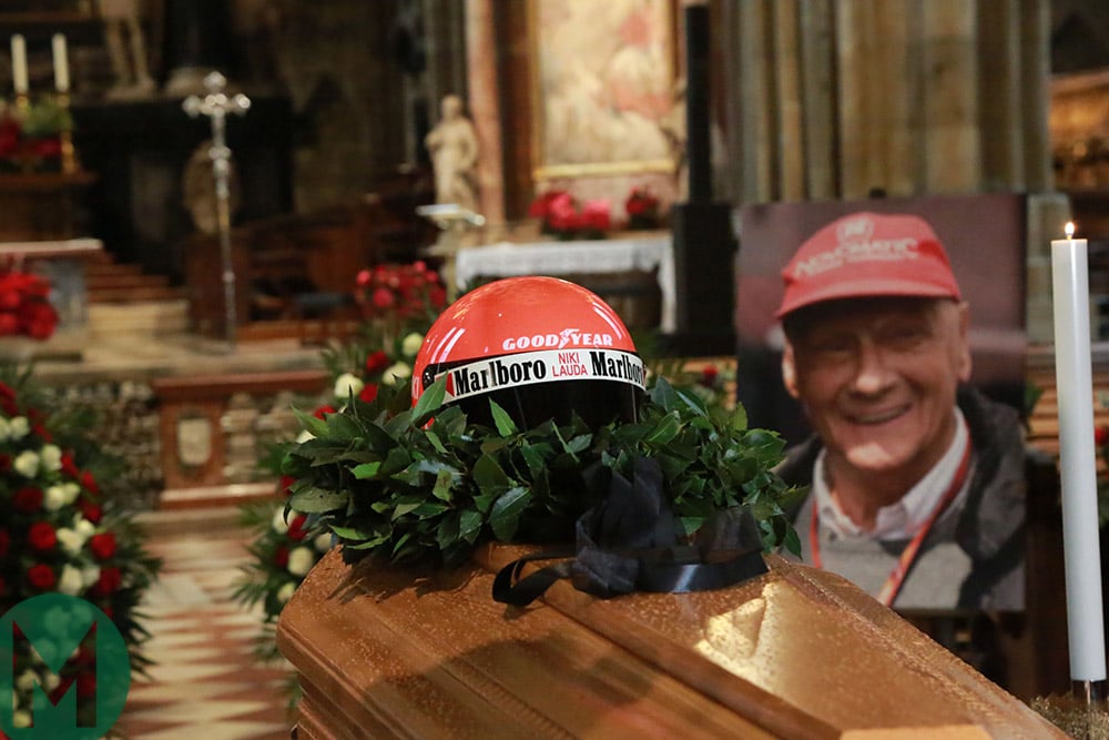Niki Lauda's helmet on his coffin at Mass ahead of funeral