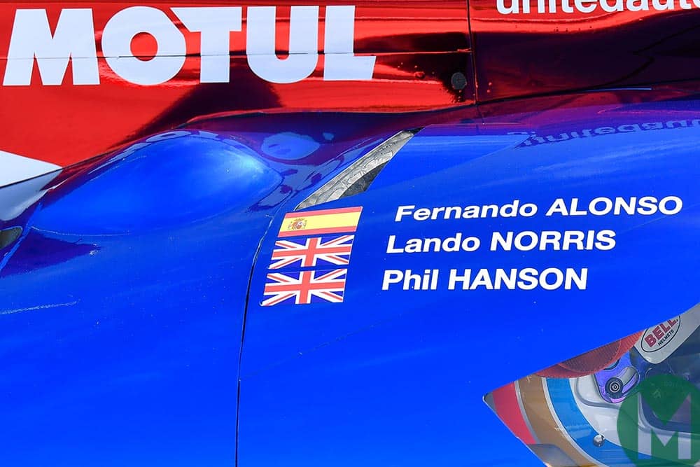 Names of Alonso, Norris and Hanson on Daytona United Autosports car