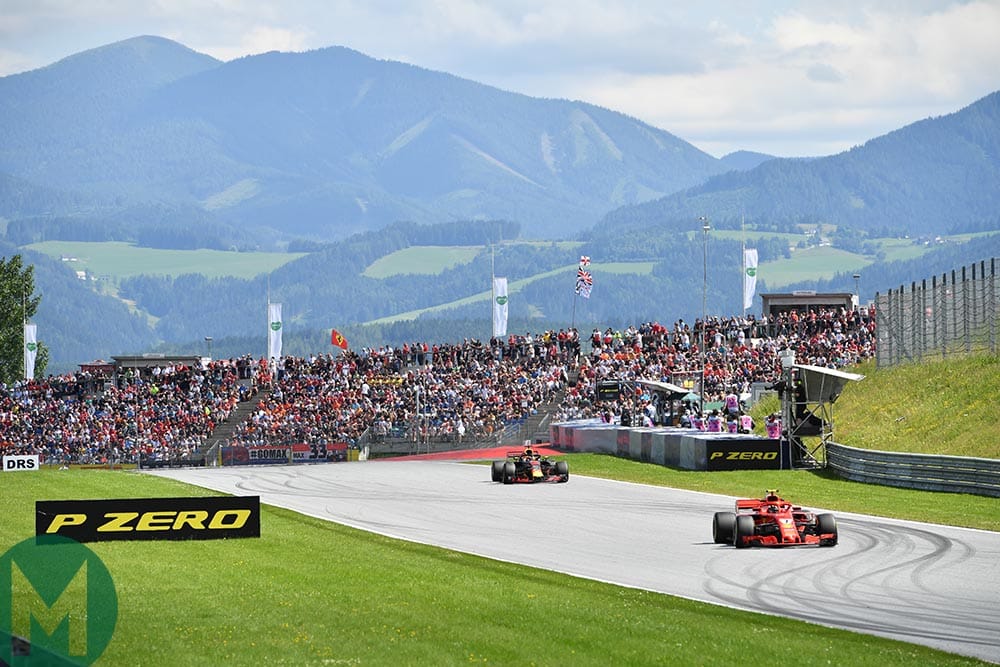 Ferrrai on a straight at the Red Bull ring during the 2018 Austrian Grand Prix
