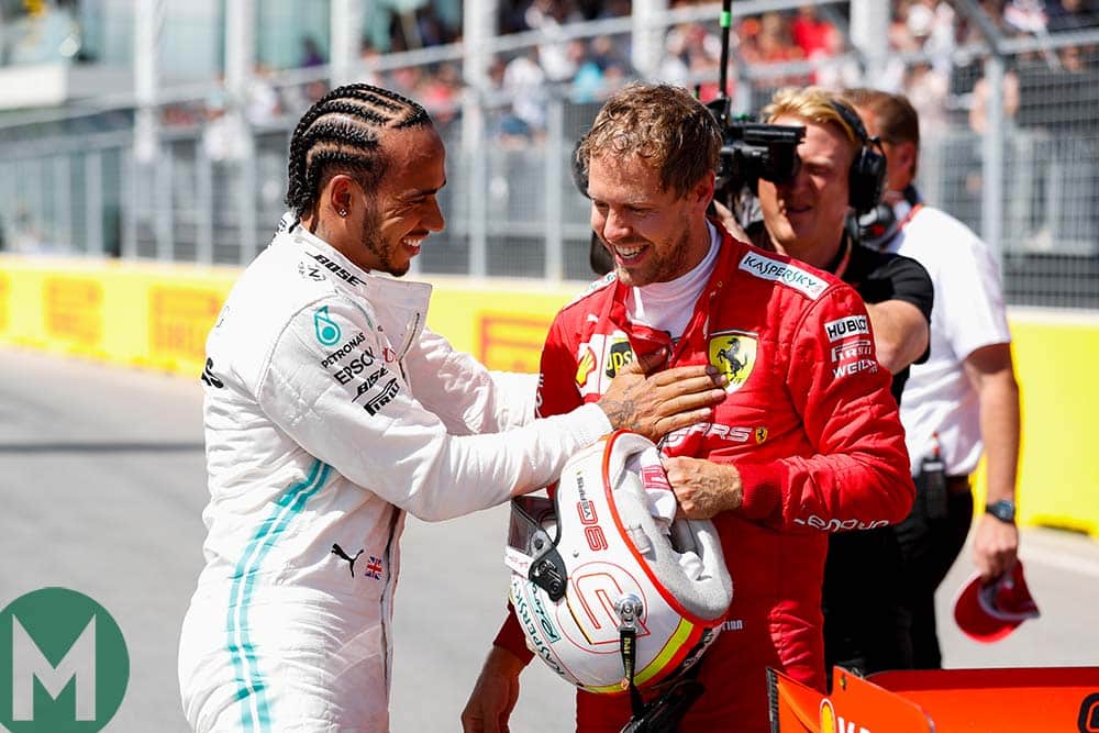 Lewis Hamilton congratulates Sebastian Vettel after qualifying for the 2019 Canadian Grand Prix