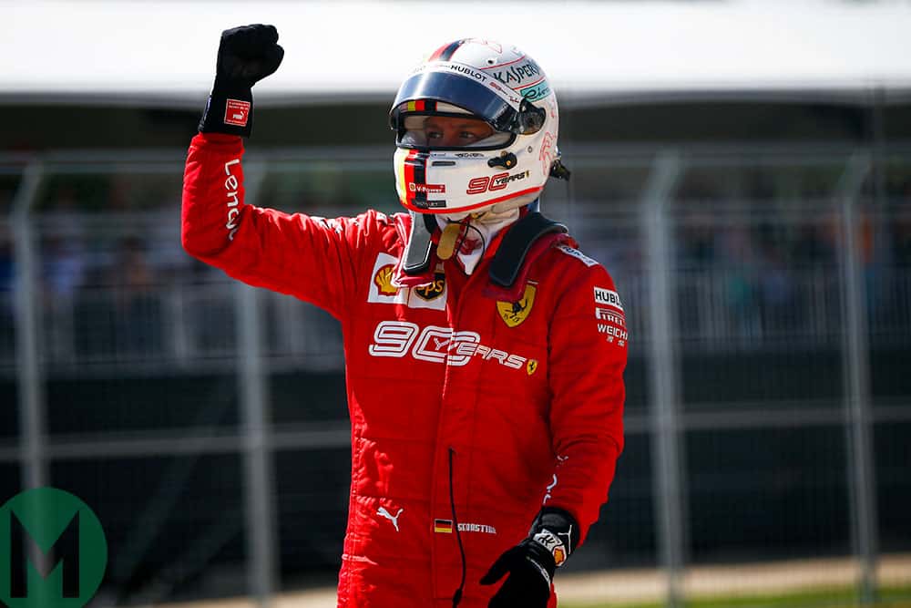 Vettel celebrates taking pole at the 2019 Canadian Grand Prix