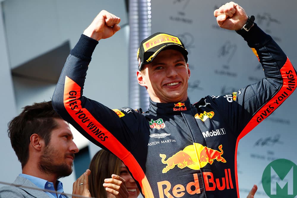 Max Verstappen celebrates on the podium after winning the 2018 Austrian Grand Prix