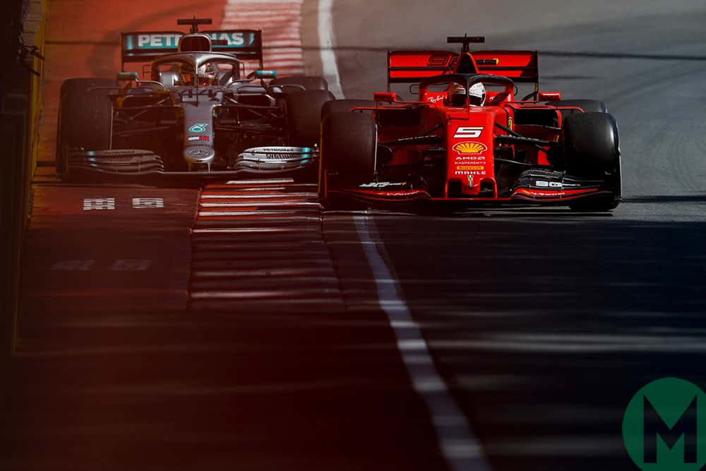 Vettel blocks Hamilton as he rejoins the track at the 2019 Canadian Grand Prix